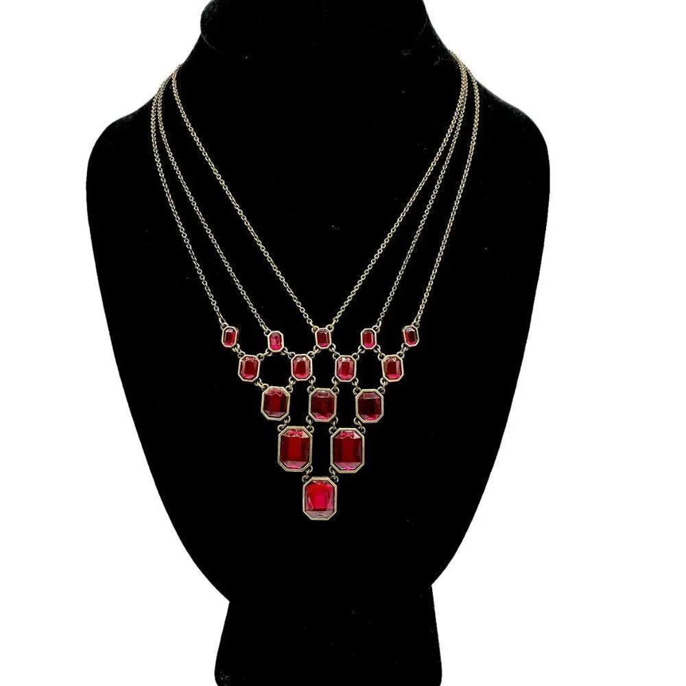 Avon Red Faceted Graduated Squares 3-Strand Gold Tone Statement Bib Necklace